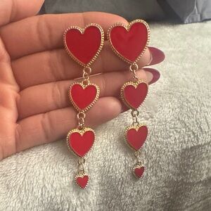 Gold and Red Heart Drop Earrings